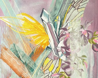 Casi divino. Pintura original de mariposa, arte de alas de hada, obra de arte de fantasía cristalina, pintura botánica abstracta, arte contemporáneo etéreo.