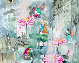 SANTUARIO Pintura original de aves, arte mural de flor de loto, obra de arte contemporánea de la naturaleza, pintura de paisaje de inspiración asiática
