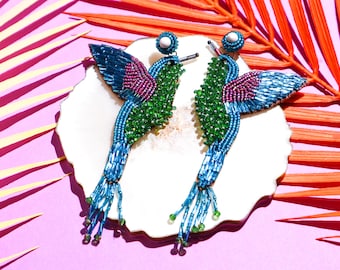 BLUE HUMMINGBIRD EARRINGS, Unique Bird Animal Statement Earrings, Bohemian Animal Earrings Jewellery, Zoo Girl Collection