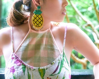 BRIGHT PINEAPPLE EARRINGS, Big Tropical Yellow Fruit Earrings, Big Yellow Statement Earrings, Beach Jewelry