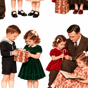 May include: A collection of cutouts featuring a family in vintage-style clothing, including red and green velvet dresses, floral dresses, a sailor suit, and brown suits. The figures are shown interacting with wrapped gifts, a doll, and a book.
