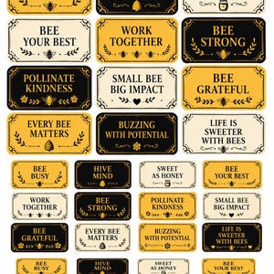 May include: A collection of rectangular stickers featuring bee-themed phrases like BEE BUSY, HIVE MIND, and SWEET AS HONEY. The designs use a color palette of black, yellow, and cream, incorporating illustrations of bees, honeycombs, and floral motifs.