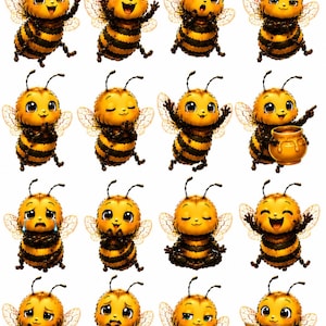Puede incluir: Una colección de dieciséis ilustraciones de una abeja de dibujos animados con rayas amarillas y negras, representada en varias poses y expresiones, incluyendo saludando, llorando, riendo, meditando y sosteniendo un tarro de miel o un documento.