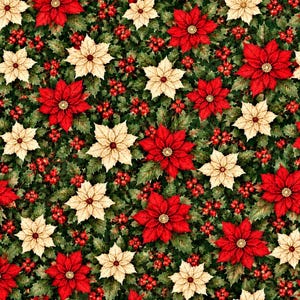 May include: A repeating fabric pattern featuring vibrant red and cream-colored poinsettia flowers interspersed with clusters of small red berries and dark green holly leaves, creating a dense, festive botanical design across the surface.