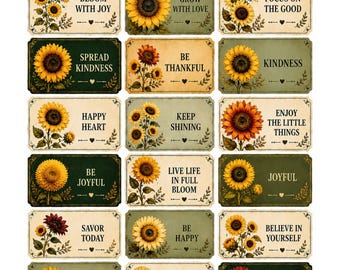 Printbare sjablonen voor een junk journal met zonnebloemen, vintage labels en tags, kinderen met zonnebloemen, herfstdecoratie, gratis digitaal te downloaden via mijn Kofi-pagina.