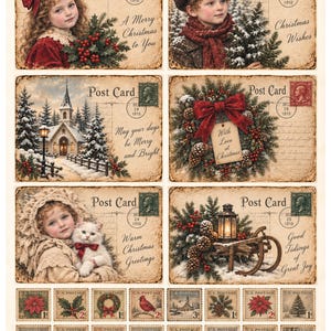 May include: A collection of six vintage-style Christmas postcards featuring illustrations of children, a snowy church, a wreath, a cat, and a lantern on a sled, accompanied by a sheet of sixteen small decorative postage stamps with holiday motifs.
