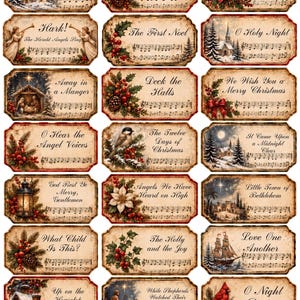 Peut inclure: Une collection de dix-huit étiquettes rectangulaires sur le thème de Noël aux bords festonnés, présentant des illustrations de style vintage de scènes hivernales, de houx, de poinsettias et de partitions musicales avec des titres comme Silent Night.