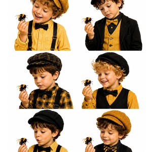 May include: A collection of six outfits featuring newsboy caps in mustard yellow, black, and plaid patterns, paired with button-down shirts, vests, or suspenders, and bow ties. Each outfit includes a small, fuzzy bumblebee toy held in hand.