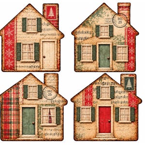 May include: Four house-shaped cutouts featuring vintage-style designs with musical notes, script text, and holiday motifs. Each house includes windows with green shutters, a chimney, and a door in white, green, or red. Some feature stamps with a tree or Dec 25.