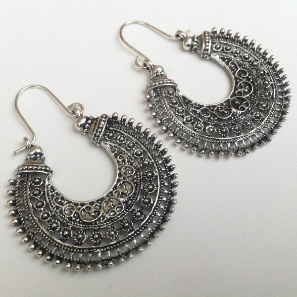 Tribal Statement Earrings , Silver Earrings , Large Hoop Earrings , Tribal Earrings , Boho Earrings , Large Earrings , Handmade Jewelry
