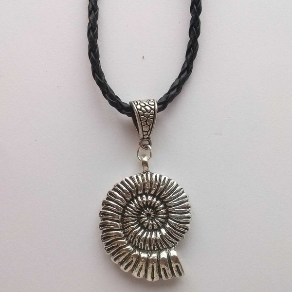 Ammonite Necklace , Tribal Necklace , Leather Necklace , Fossil Necklace , Silver Necklace , Black Necklace , Handmade Jewelry , Gift