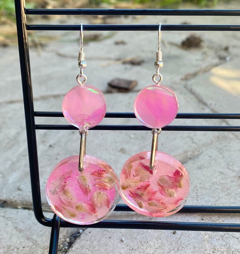 Pink flower holographic dangling earrings