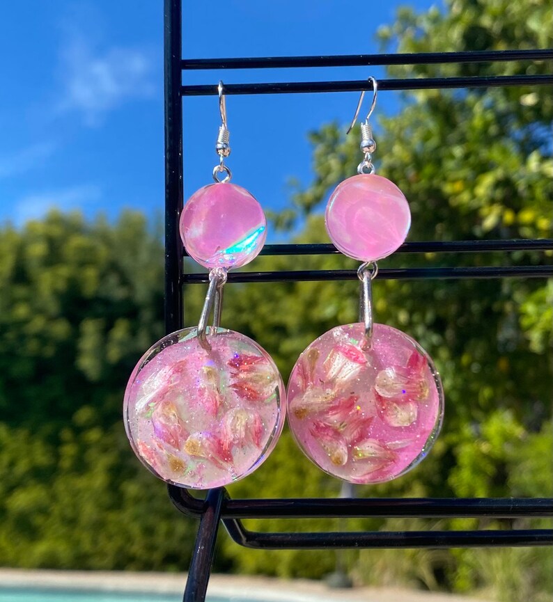 Pink flower holographic dangling earrings