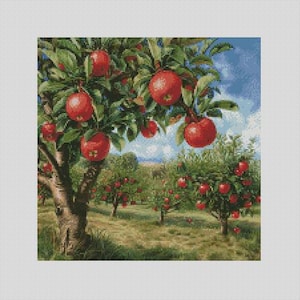 Könnte beinhalten: Ein Gemälde eines roten Apfelbaums mit einem strahlend blauen Himmel und flauschigen weißen Wolken. Die Bäume sind voll mit roten Äpfeln und der Boden ist mit grünem Gras bedeckt.