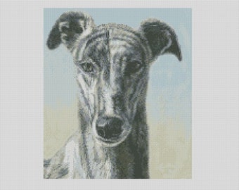 Puede incluir: Retrato detallado de un galgo, renderizado en estilo punto de cruz. La cara del perro es el punto focal, con una vista de cerca que muestra sus expresivos ojos y su elegante pelaje estampado. El fondo es una suave mezcla de azul y beige.