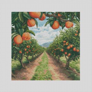 Könnte beinhalten: Ein Gemälde, das einen Orangenhain mit Reihen von Orangenbäumen zeigt. Die Bäume sind mit reifen Orangen beladen und der Boden ist mit grünem Gras bedeckt. Der Weg zwischen den Baumreihen führt zu einer fernen Bergkette.