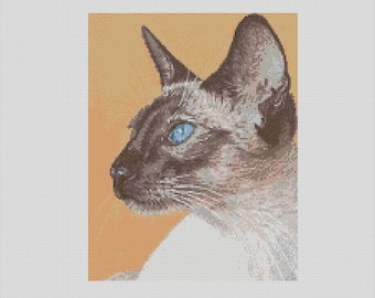 May include: A detailed cross-stitch portrait of a Siamese cat. The cat is depicted in profile, showcasing its distinctive dark brown face, ears, and paws, contrasted by a creamy white body. The cat's striking blue eyes are a focal point against the warm orange background.