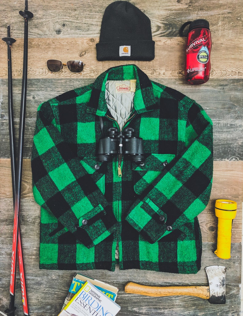 barn coat Vintage 1960/'s Green Buffalo Plaid Jacket Big Mikes Union Made Size Large Field Cruiser