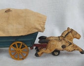 Old Vintage Cast Iron Horse Drawn Covered Wagon Carriage Toy