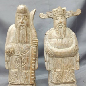 Vintage Hand Carved Wooden Figures Chinese Good Fortune Luk Sau Feng Shui Wood Carvings
