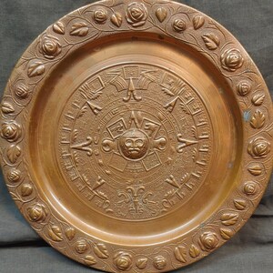 Old Vintage Hammered Copper Tooled Embossed Mexican Mayan Calendar Decorative Serving Tray