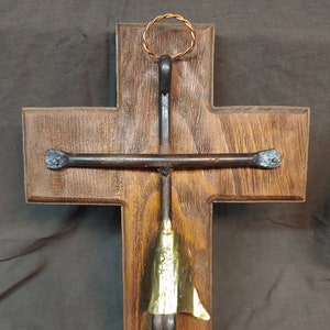 Vintage Handmade Hand Forged Metal Art Sculpture Steel Brass Copper Wood Crucifix Christian Religious Cross Jesus Christ