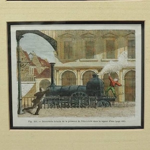 May include: Two black and white illustrations of steam locomotives. The top image shows a locomotive on a track. The bottom image shows a locomotive in a city setting. The text below the images reads "Fig. 110. - Locomotive de M. Fell pour le chemin de fer à rail ombré." and "Fig. 111. - Encomtre fortuite de la premiere de l'Angleterre dans le vapeur "Fire-Fly" page 99."