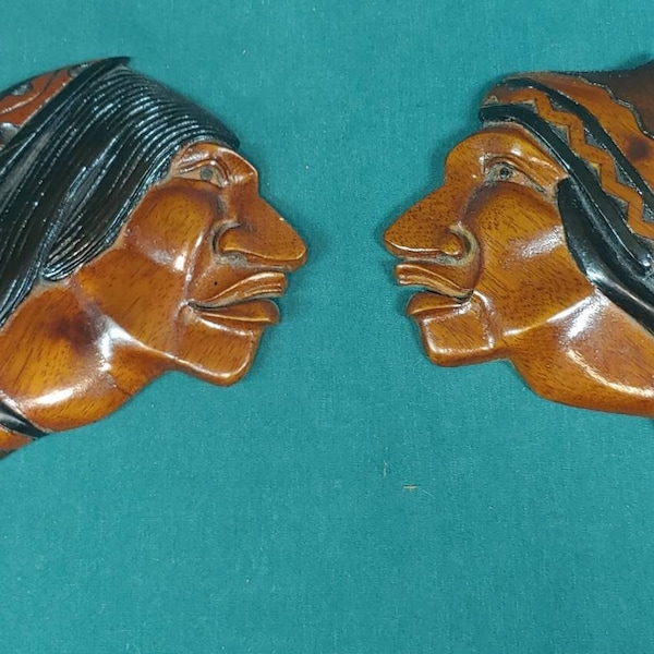 Old Vintage Hand Carved Native Paruvian Wooden Wall Hanging Plaques Wood Carvings