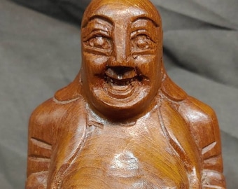 Vieux vintage en bois sculpté à la main bouddhiste asiatique chinois riant heureux bouddha Figure Statue sculpture sur bois bouddhisme