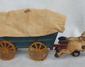 Old Vintage Cast Iron Horse Drawn Covered Wagon Carriage Toy