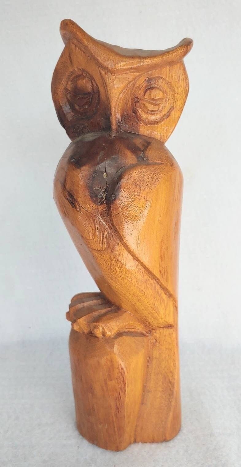 Vintage Hand Carved Wooden Owl Figure Statue Ethnic Folk Art Wood Carving
