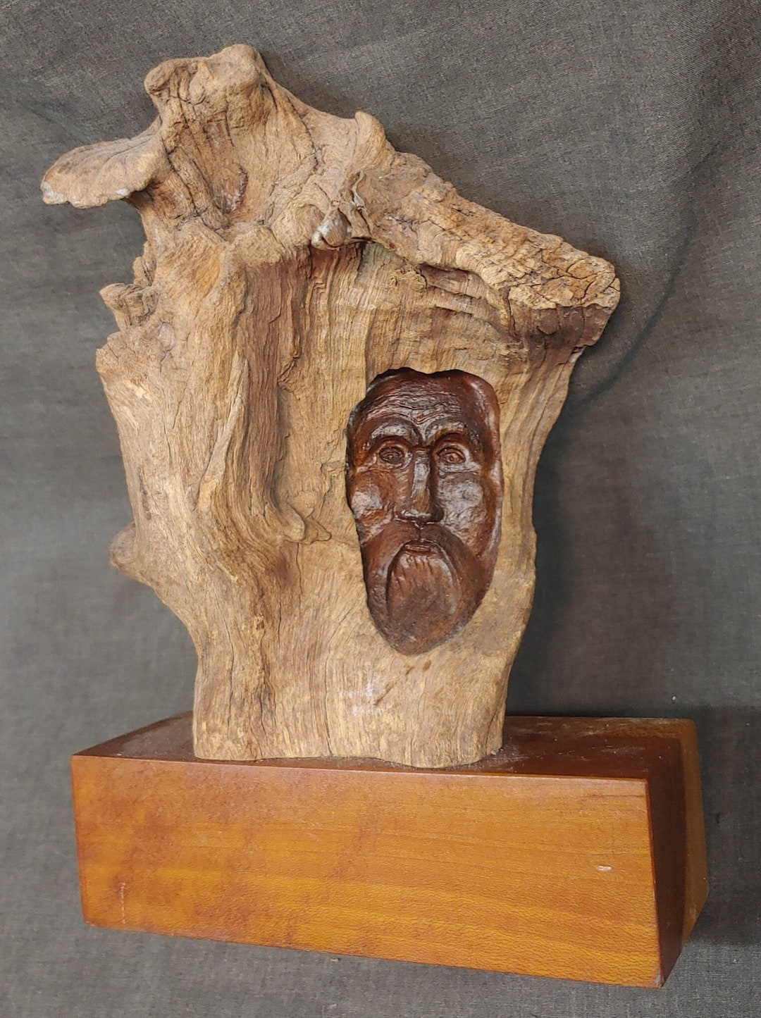 Old Vintage Hand Carved Wood Spirit Bearded Old Man Face Rustic Carving ...