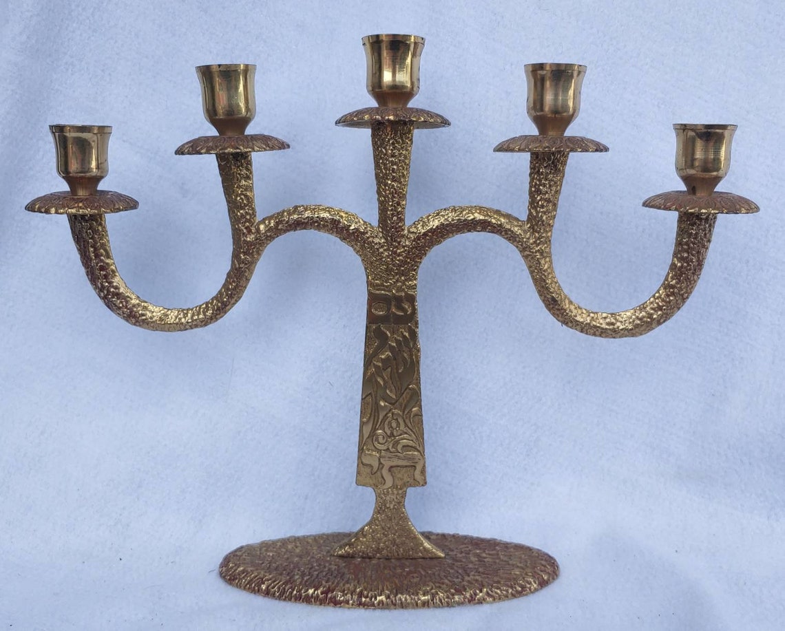 Vintage Brass Candle Holder Jewish Hanukkah Menorah Hebrew Etsy