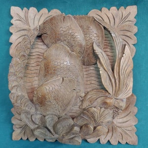 Old Vintage Hand Carved Asian Wooden Nautical Swimming Fish Wood Carving Wall Hanging Plaque