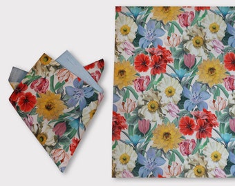 Floral Pocket Square, Pastel Flowers, Dusty Blue, Yellow, Blush Pink, Red, Green, Ivory, Liberty of London, Wedding, Groomsmen