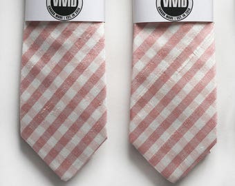 Dusty Pink Gingham Tie, Raw Silk Ties, Blush Wedding Neck Ties, Rose Gold Tie, Blush Pink Ties, Groomsmen Ties