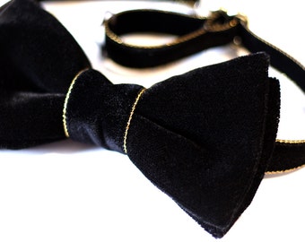 Black and Gold Bow Tie, Black Velvet Bow Tie, Black Tie Event, Wedding Bow Tie, Groomsmen Bow Ties