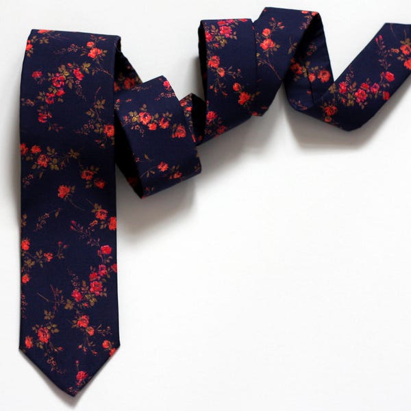Navy Blue and Coral Neck Tie, Floral Tie, Dark Blue and Red Liberty Tie, Navy Coral Floral Ties, Wedding, Groomsmen, 3" Wide