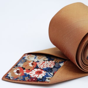 Raw Silk Necktie: Rusty Orange, Copper Floral Liberty London Lining