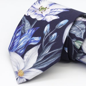 Indigo Blue Large Floral Neck Tie, Stately Bouquet Liberty London, Navy Blue, Sky Blue, Mauve, Slate, White Neck Tie