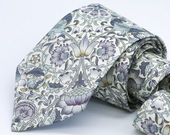 Liberty London Floral Necktie: Winter Wedding Tie in Dusty Blue, White and Lavender