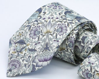 Winter Floral Liberty London Neck Tie, Dusty Blue, Lavender, Grey and White Tie, Wedding, Groom, Groomsmen