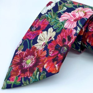Floral Neck Tie, Poppies in Burgundy Wine, Emerald Green, Navy Blue, Large Floral Print, Liberty London Tie