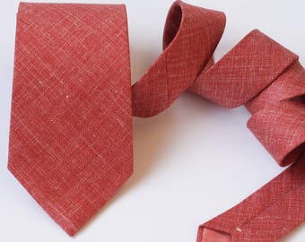 Muted Red Neck Tie, Coral Tie, Dusty Red Tie, Textured, Wedding Tie, Groomsmen Tie, Silk, Linen, Wool Tie, Pantone Cayenne