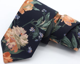 Floral Neck Tie, Black and Copper Tie, Liberty of London, Copper Wedding Ties, Groomsmen Tie, Copper and Black Floral Ties