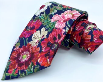 Cravate à col floral, coquelicots en bourgogne, vert émeraude, bleu marine, imprimé floral large, Liberty London Tie