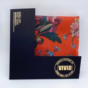 Floral Pocket Square, Peonies in Sage, Burgundy, Light Blue on the Coral Red, Liberty of London, Reversible Pocket Squares