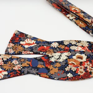 Floral Bow Tie, Selftie, Blue, Muted Red, Burnt Orange, Tan Neck Tie, Liberty of London, Floral Neck Tie, Groom, Groomsmen, Wedding