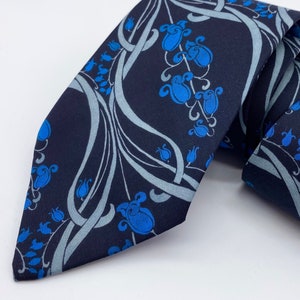 Navy Blue and Azure Floral Neck Tie, Lilies of the Valley, Libety of London