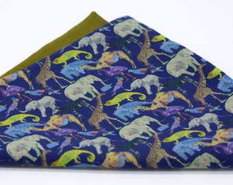 Animal Lover Pocket Square, Blue, Multi, Liberty of London, Navy Blue and Red Wedding, Jungle Animals